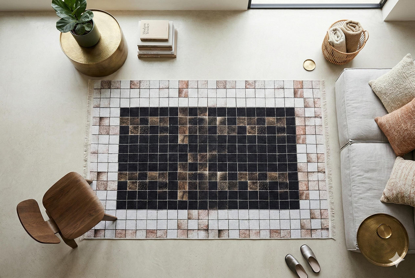 Modern Industrial Mosaic Rug | Black Earth Tone Pixelated Non-Slip Carpet
