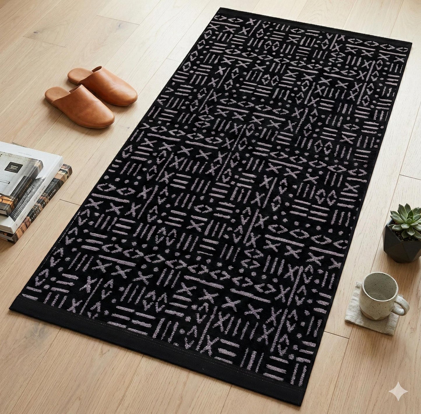 Mudcloth Runner Rug – Black Cream Geometric Tribal Boho Entryway Mat