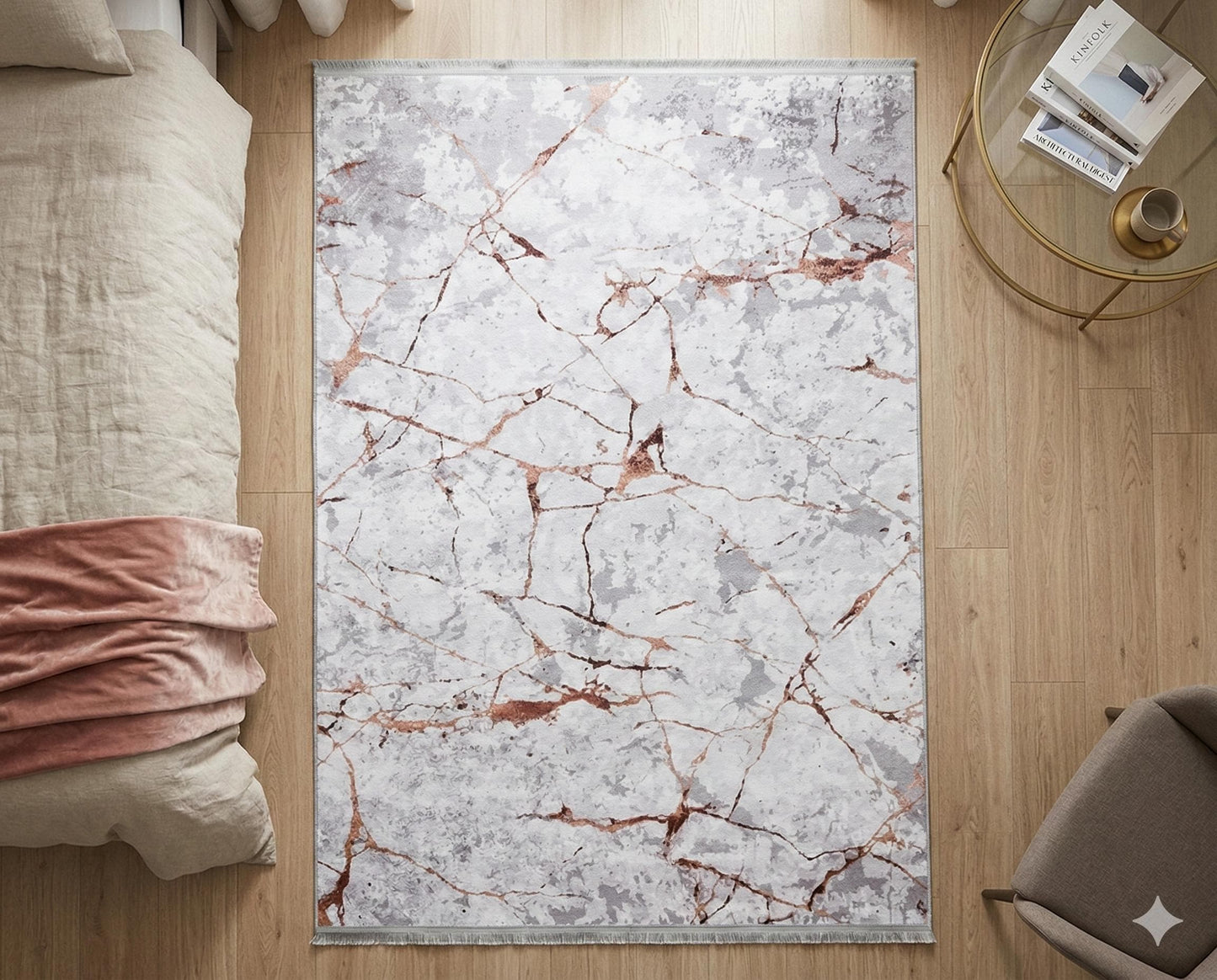 Gray Rose Gold Marble Area Rug, Abstract Washable Living Room Carpet, Non-Slip Thin Mat