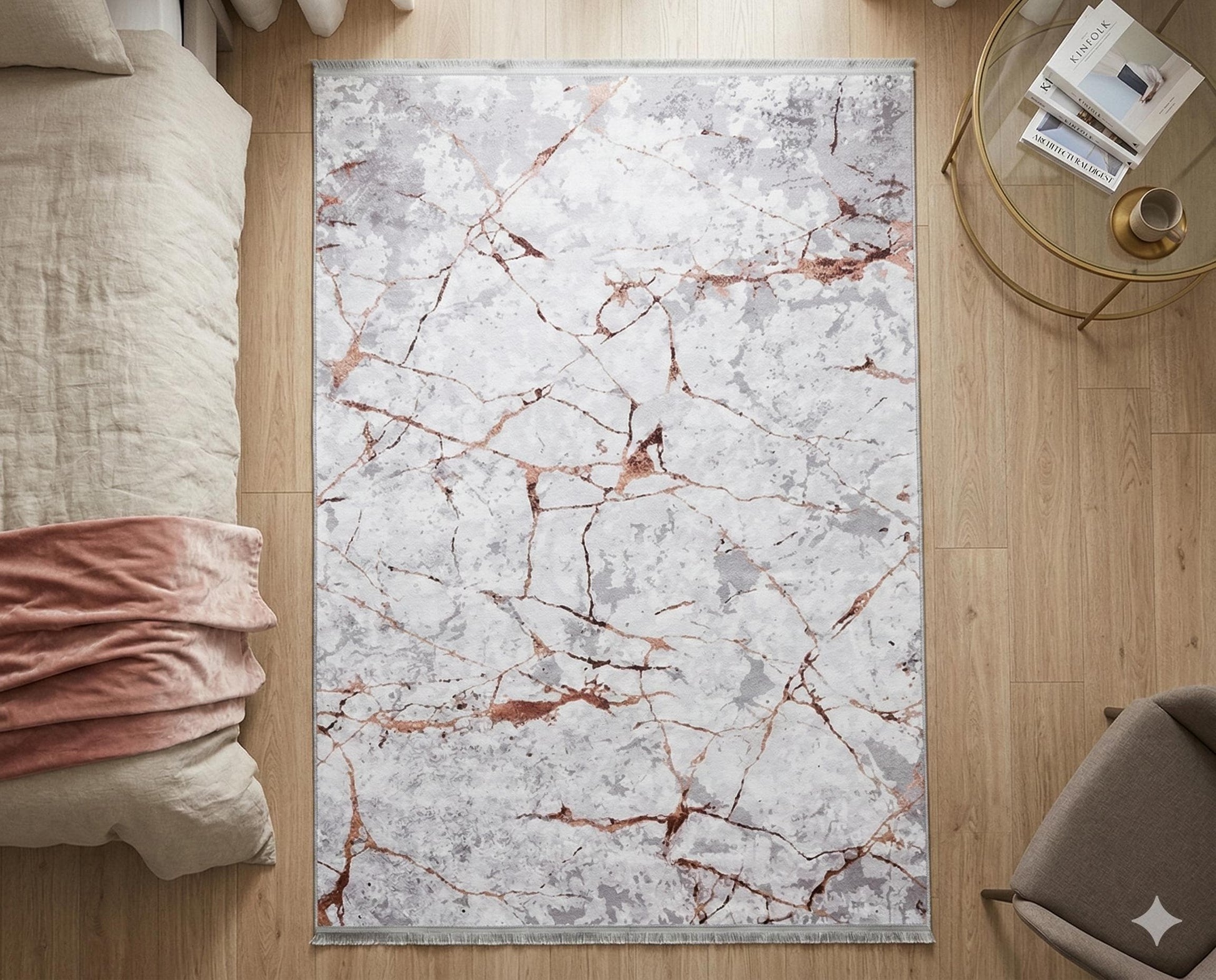 Gray Rose Gold Marble Area Rug, Abstract Washable Living Room Carpet, Non-Slip Thin Mat