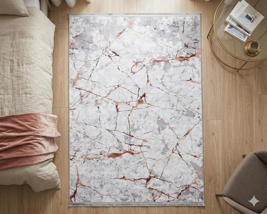 Gray Rose Gold Marble Area Rug, Abstract Washable Living Room Carpet, Non-Slip Thin Mat