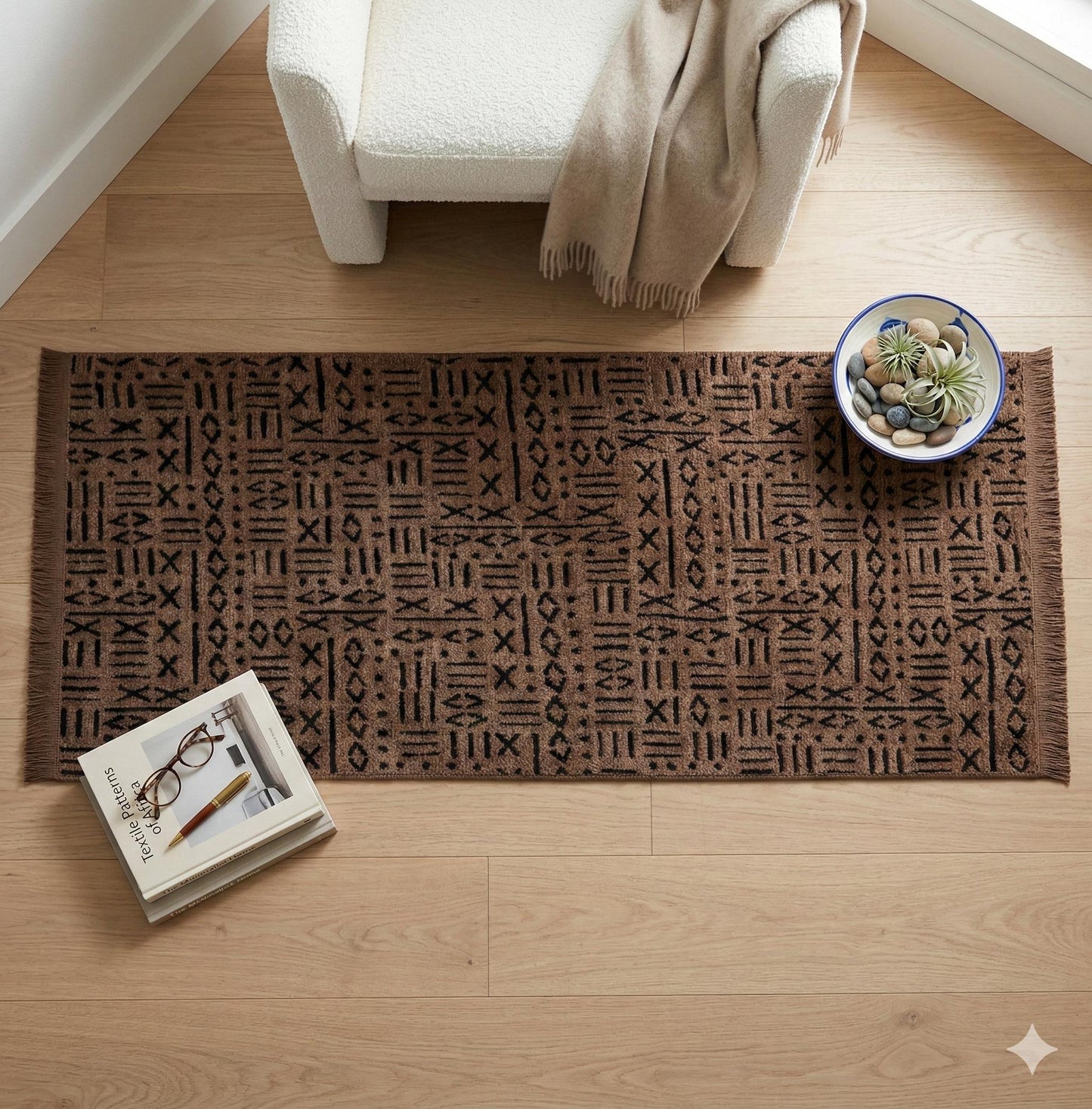 Modern Tribal Washable Cotton Rug – Brown & Black Geometric Boho Area Carpet with Fringe