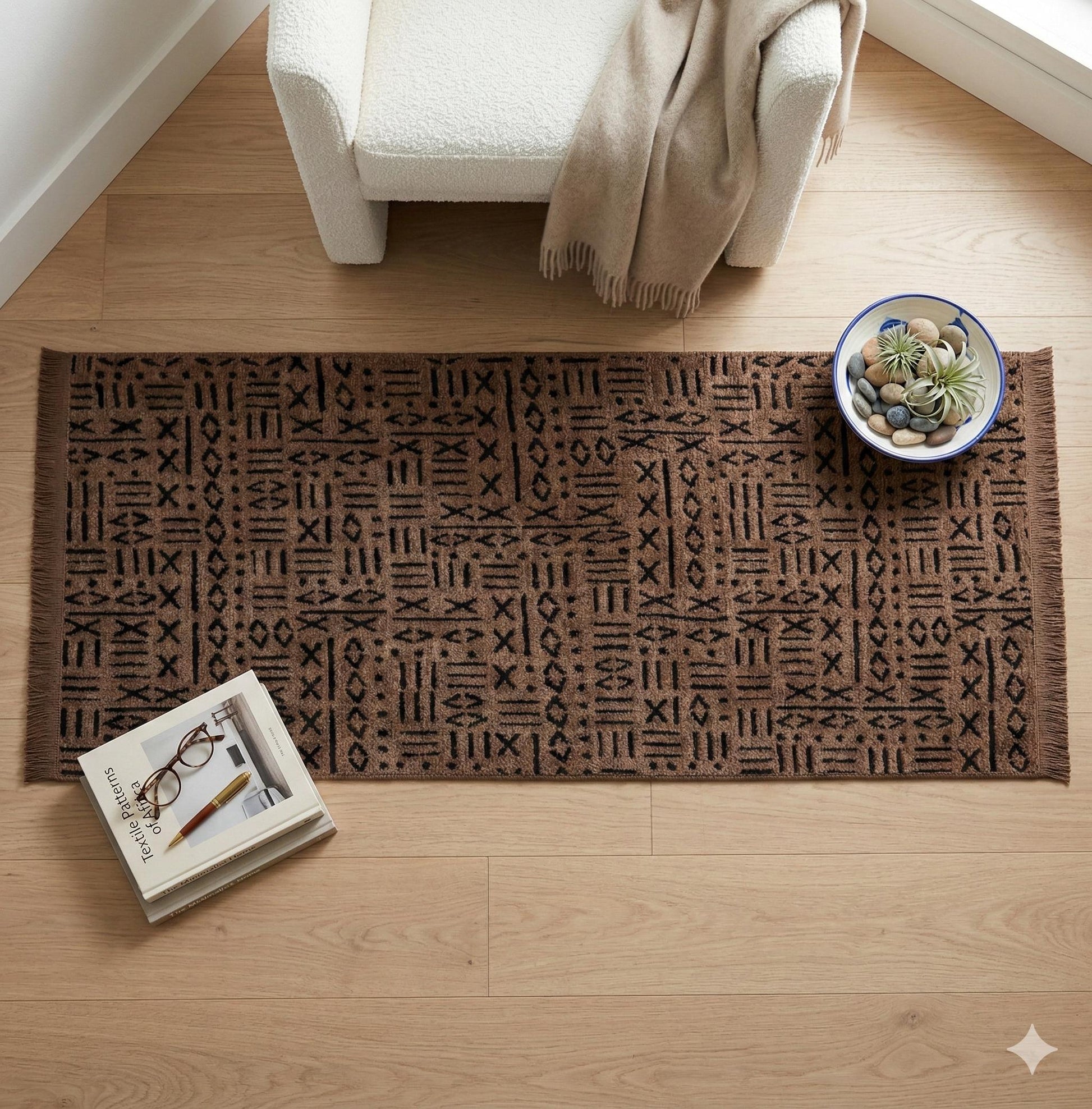 Modern Tribal Washable Cotton Rug – Brown & Black Geometric Boho Area Carpet with Fringe