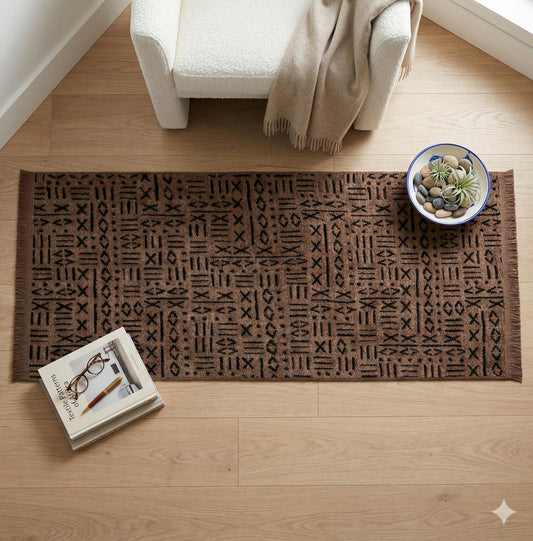 Modern Tribal Washable Cotton Rug – Brown & Black Geometric Boho Area Carpet with Fringe