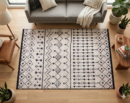 Washable Boho Tribal Rug, Neutral Cream Black Geometric Carpet