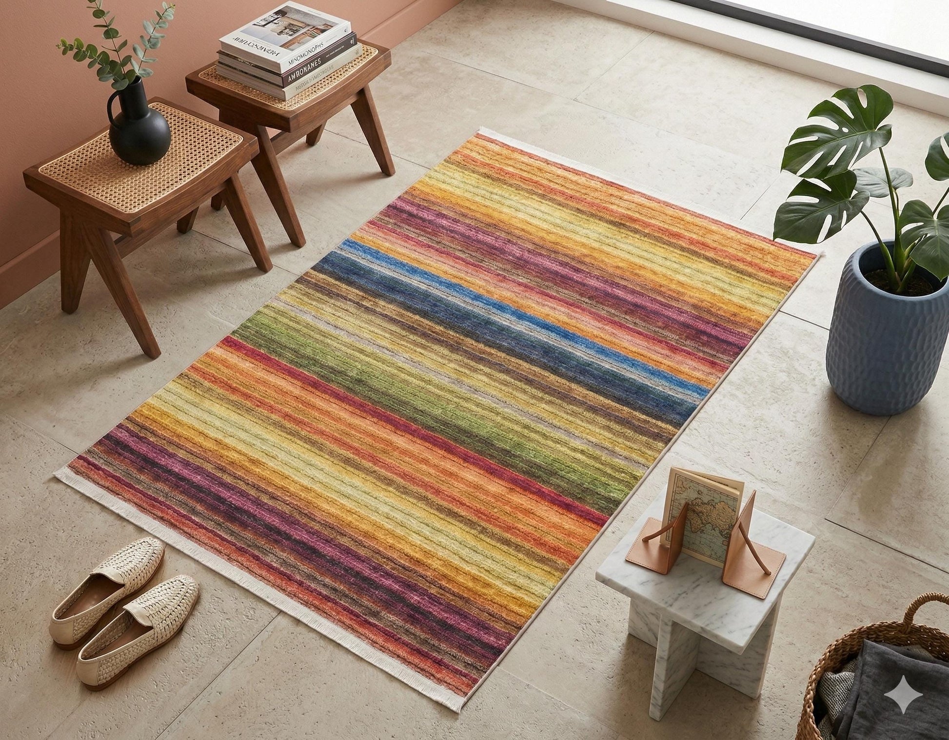 Modern Multi-Color Striped Washable Area Rug – Vibrant Boho Rainbow Style – Non-Slip & Machine Washable