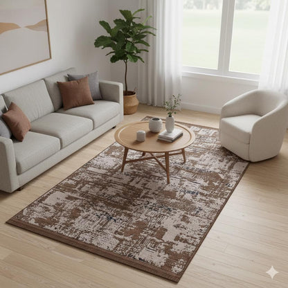 Distressed Abstract Area Rug, Earth Tone Boho Neutral Decor, Washable Cotton Mat