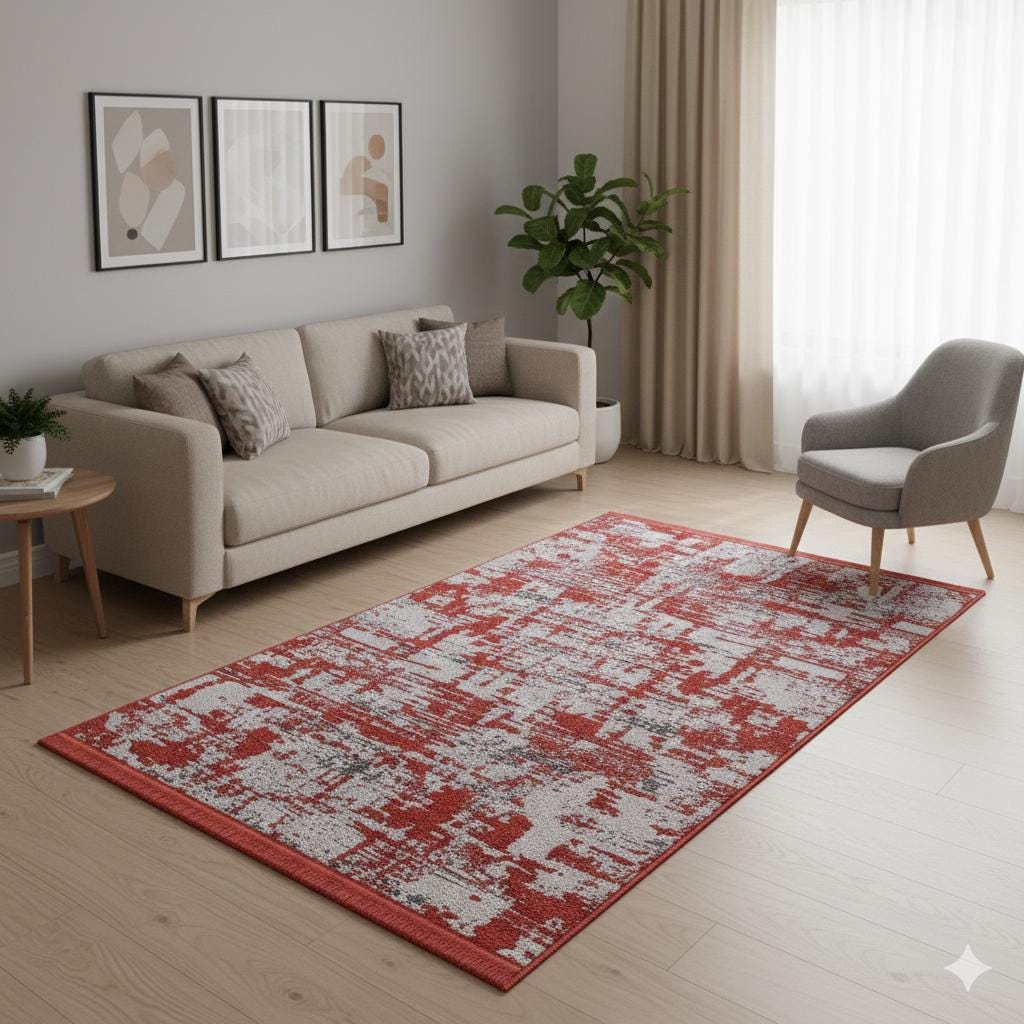 Red Abstract Washable Area Rug – Modern Contemporary Non Slip Living Room Carpet