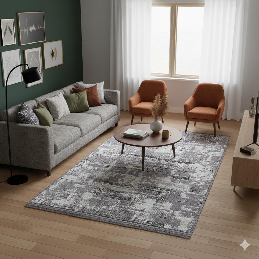 Distressed Abstract Area Rug, Grey White Washable Carpet, Modern Fringed Runner