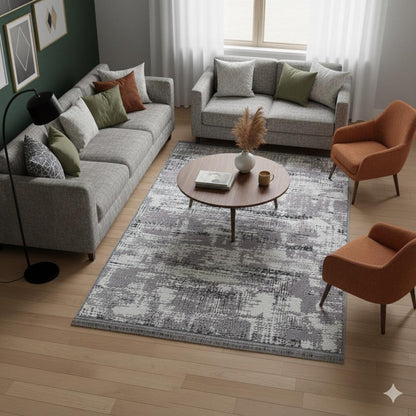 Distressed Abstract Area Rug, Grey White Washable Carpet, Modern Fringed Runner