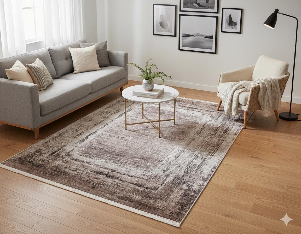 Washable Distressed Vintage Area Rug, Beige Brown Frame, Modern Farmhouse Living Room