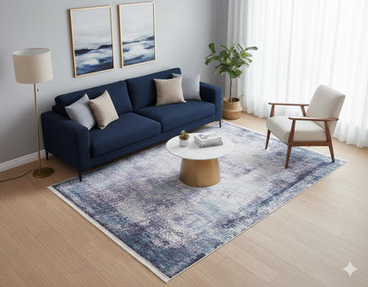 Distressed Abstract Area Rug – Washable Blue Grey Vintage Style Carpet