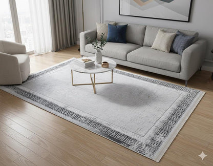 Gray Greek Key Area Rug – Distressed Medallion Border Carpet, Washable Non-Slip Home Decor