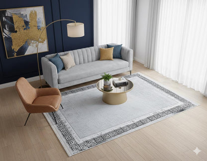 Gray Greek Key Area Rug – Distressed Medallion Border Carpet, Washable Non-Slip Home Decor