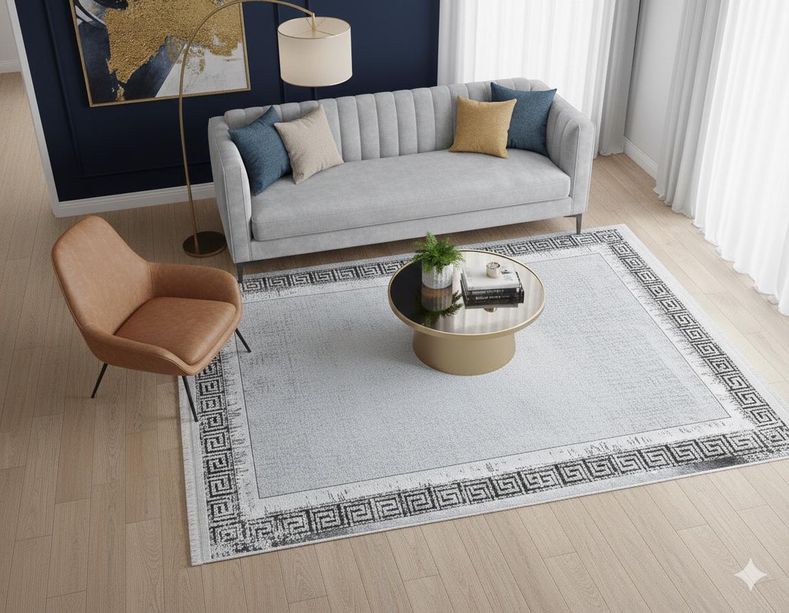 Gray Greek Key Area Rug – Distressed Medallion Border Carpet, Washable Non-Slip Home Decor
