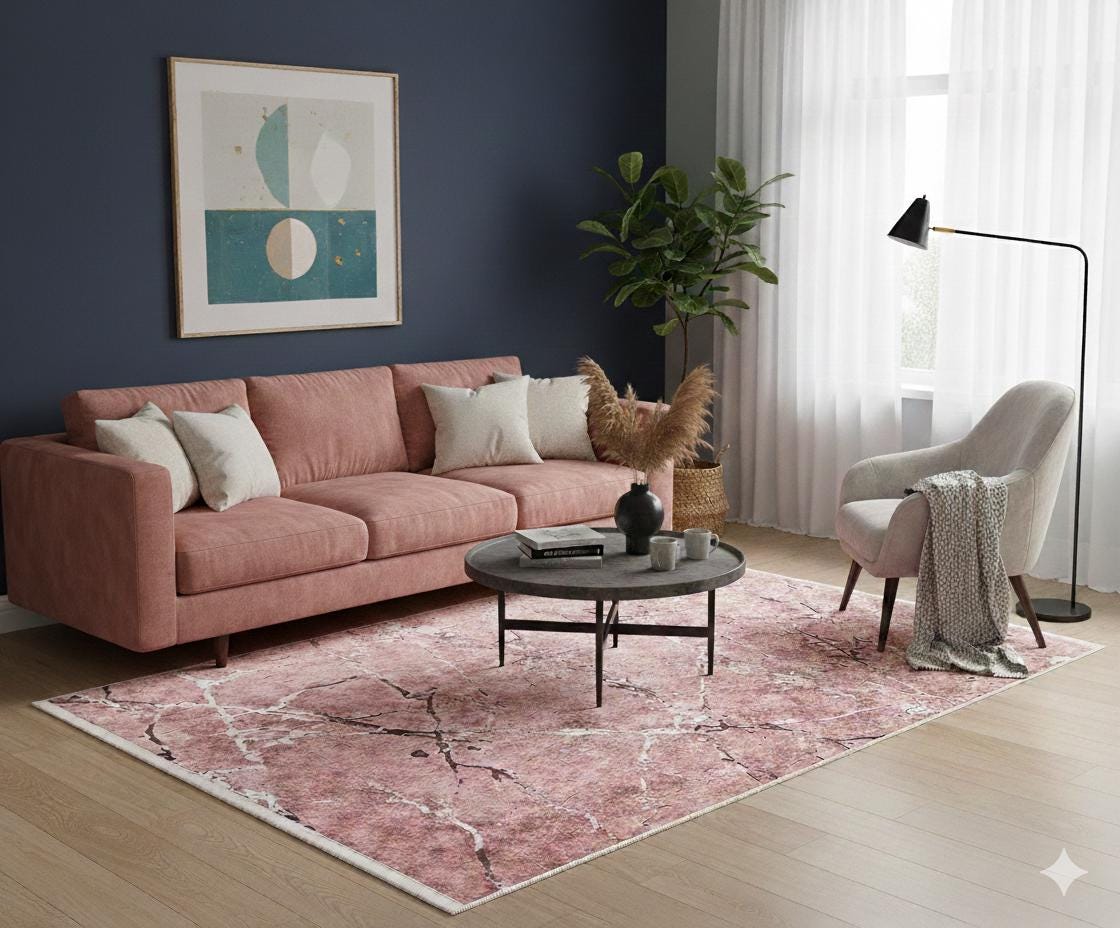 Pink Marble Area Rug – Rose Gold Mauve Washable Boho Carpet, Non-Slip Low Pile