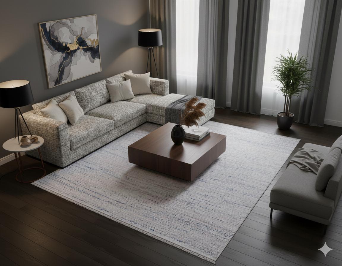 Distressed Linear Abstract Area Rug – Blue White Minimalist Carpet, Washable Non-Shedding