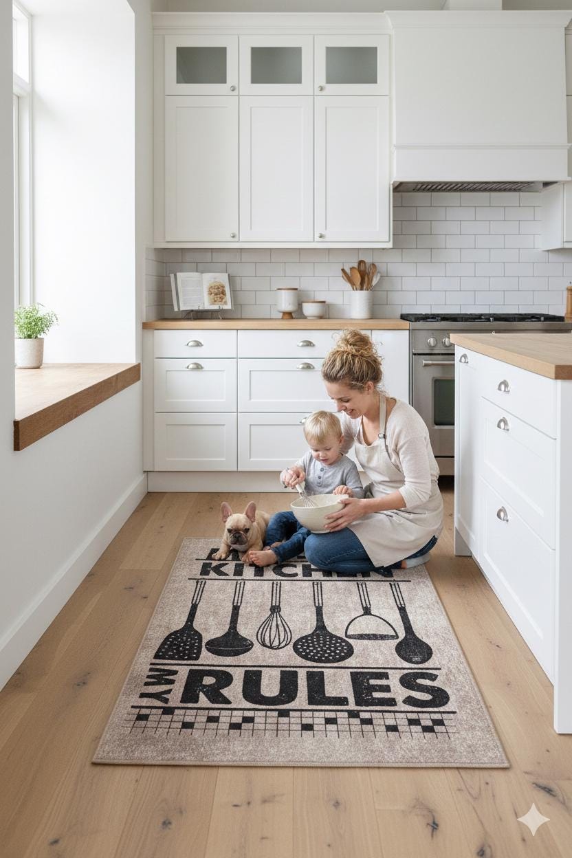 My Kitchen My Rules Farmhouse Rug, Non-Slip Runner, Rustic Cooking Decor
