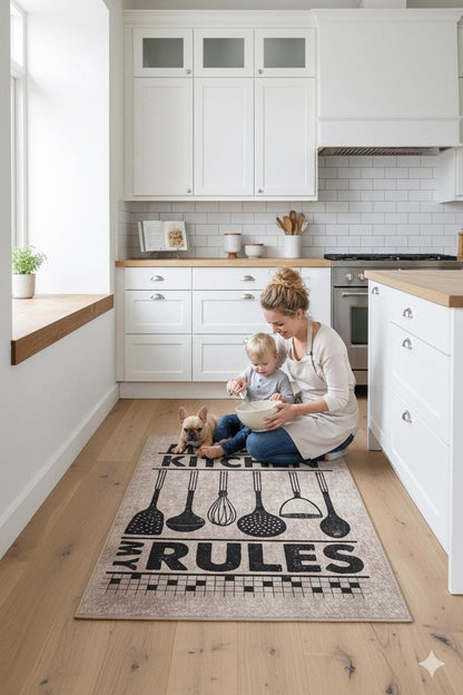 My Kitchen My Rules Farmhouse Rug, Non-Slip Runner, Rustic Cooking Decor