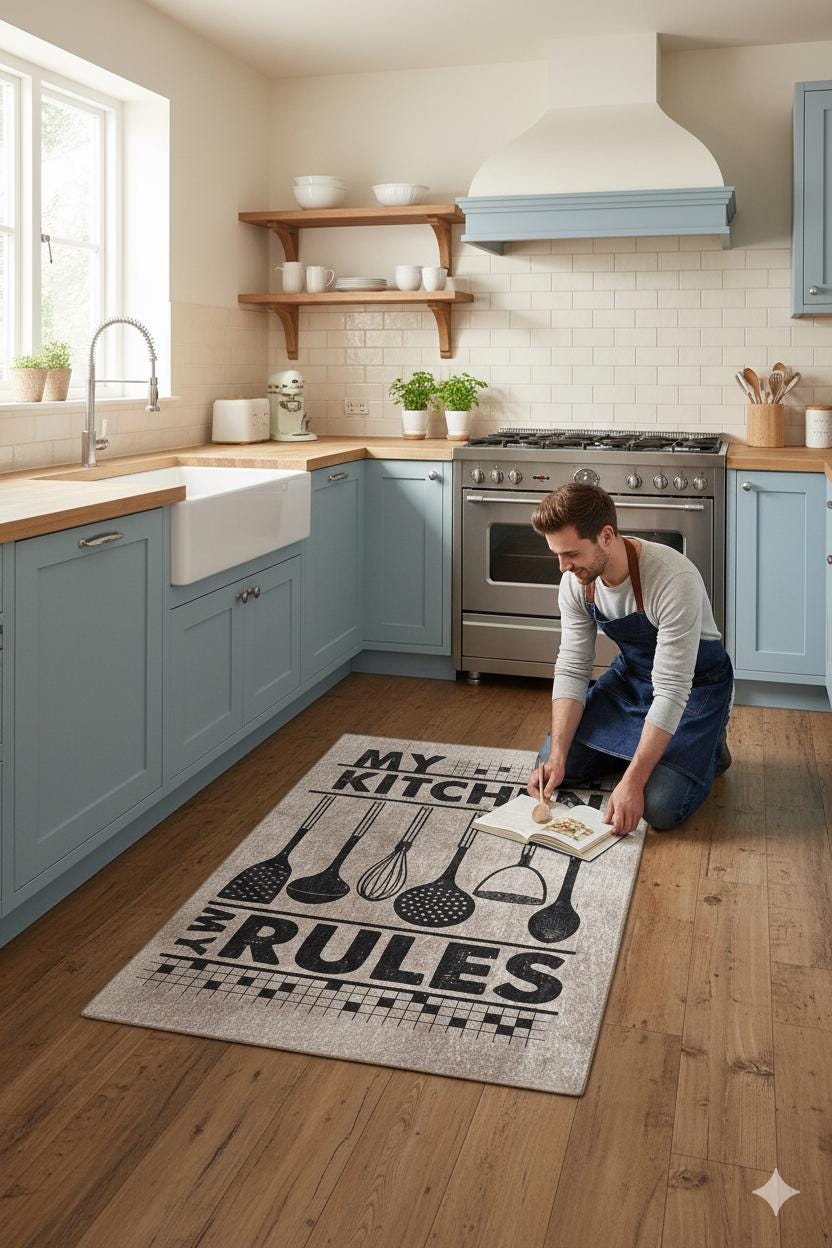My Kitchen My Rules Farmhouse Rug, Non-Slip Runner, Rustic Cooking Decor