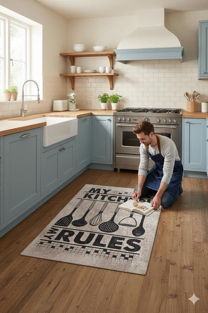 My Kitchen My Rules Farmhouse Rug, Non-Slip Runner, Rustic Cooking Decor