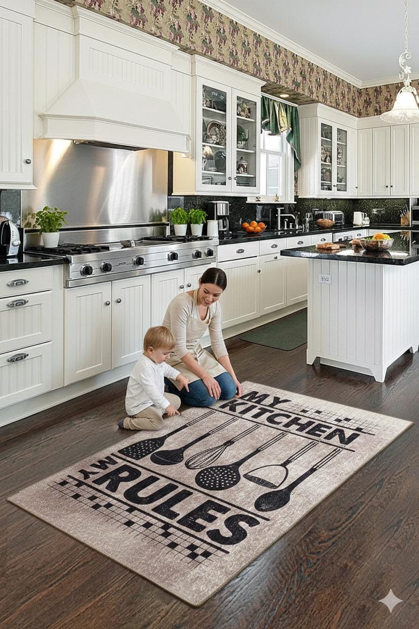 My Kitchen My Rules Farmhouse Rug, Non-Slip Runner, Rustic Cooking Decor