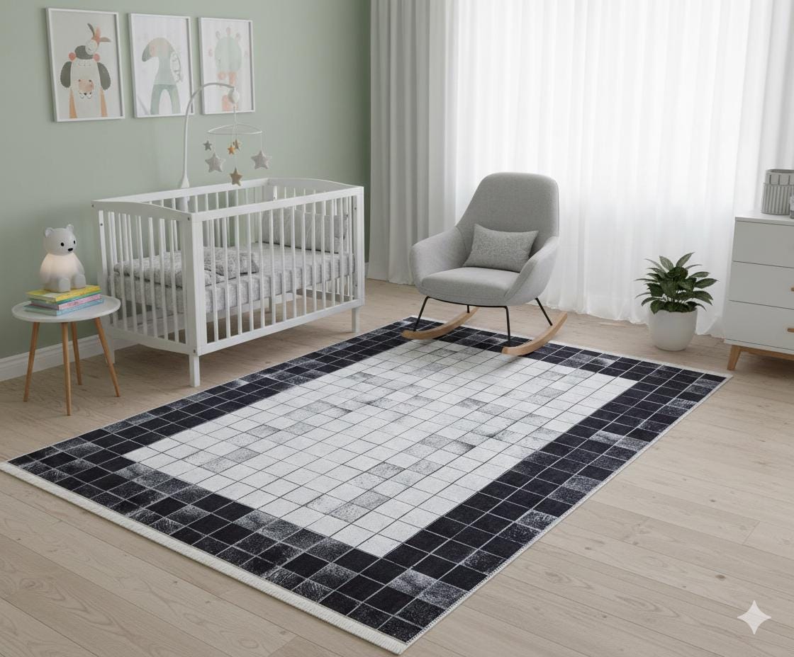 Black White Geometric Washable Rug, Minimalist Checkered Carpet, Scandinavian Floor Decor