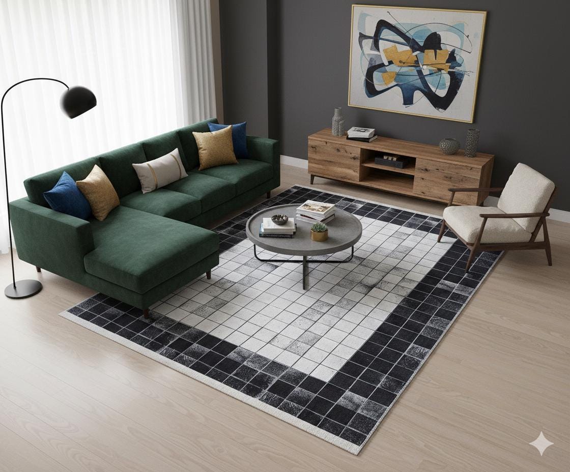 Black White Geometric Washable Rug, Minimalist Checkered Carpet, Scandinavian Floor Decor
