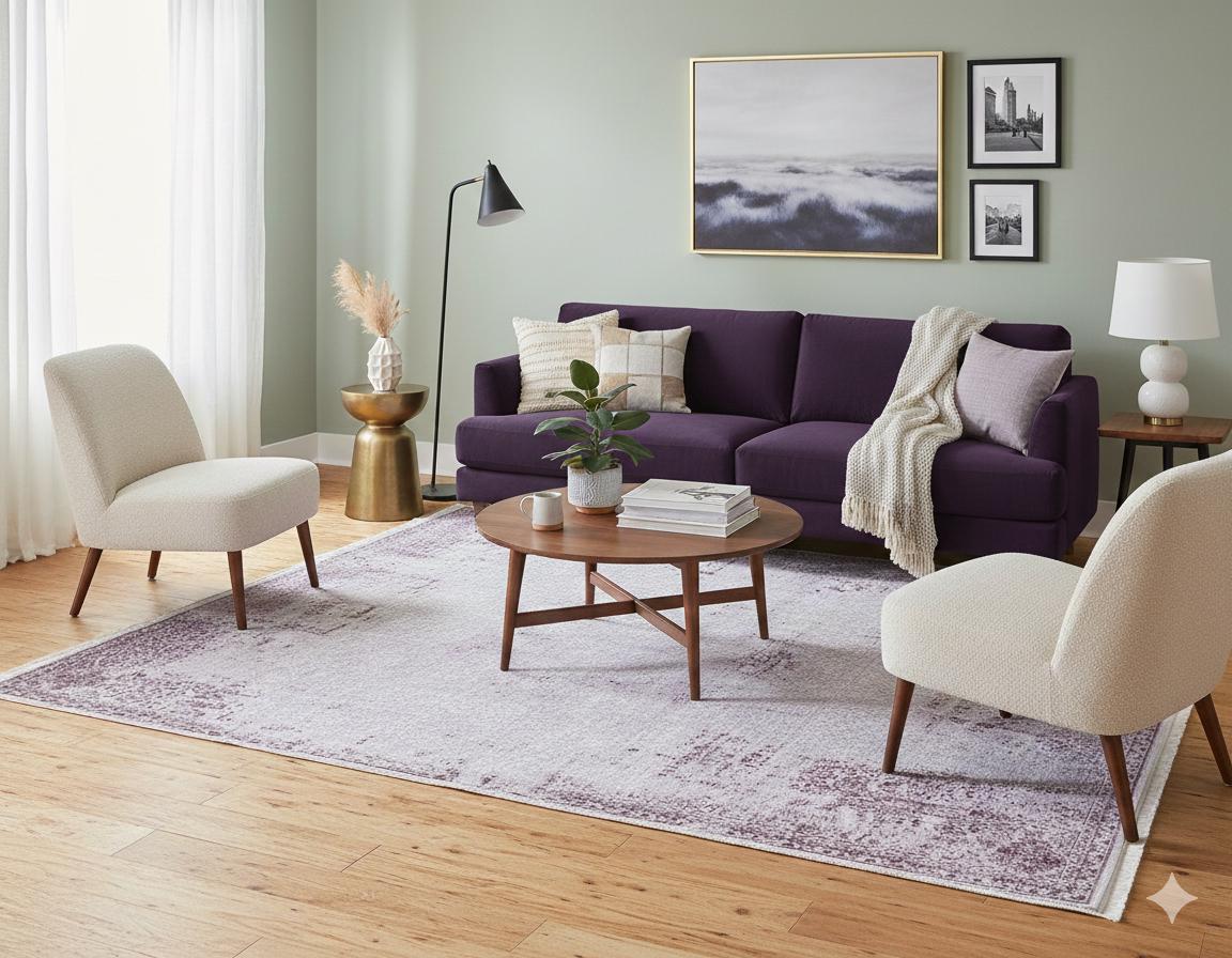 Distressed Lavender Medallion Rug – Washable, Low Pile Area Carpet (Pet-Friendly)