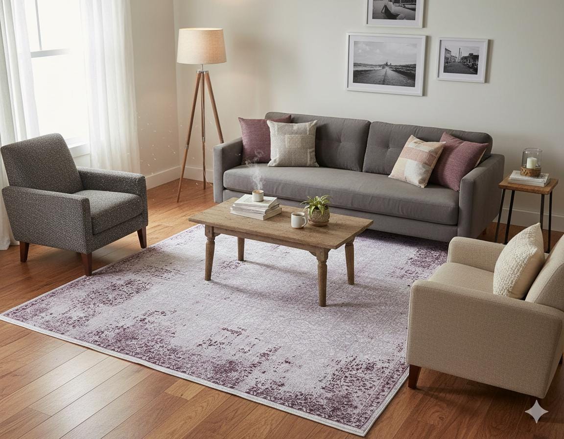 Distressed Lavender Medallion Rug – Washable, Low Pile Area Carpet (Pet-Friendly)