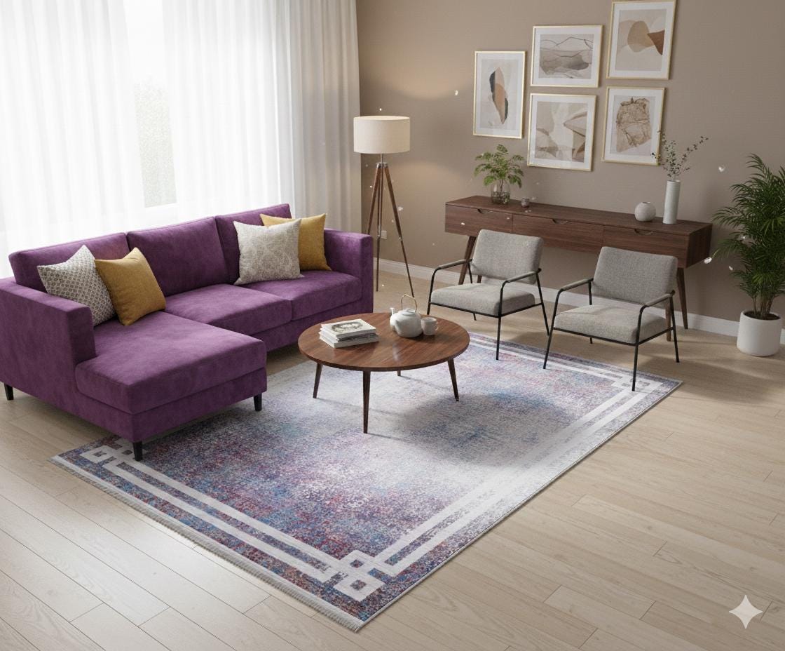 Modern Distressed Area Rug – Purple Blue Abstract Transitional Carpet, Pet Friendly