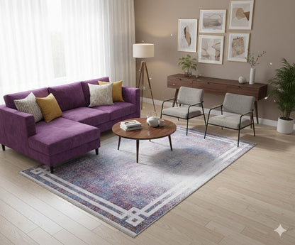 Modern Distressed Area Rug – Purple Blue Abstract Transitional Carpet, Pet Friendly