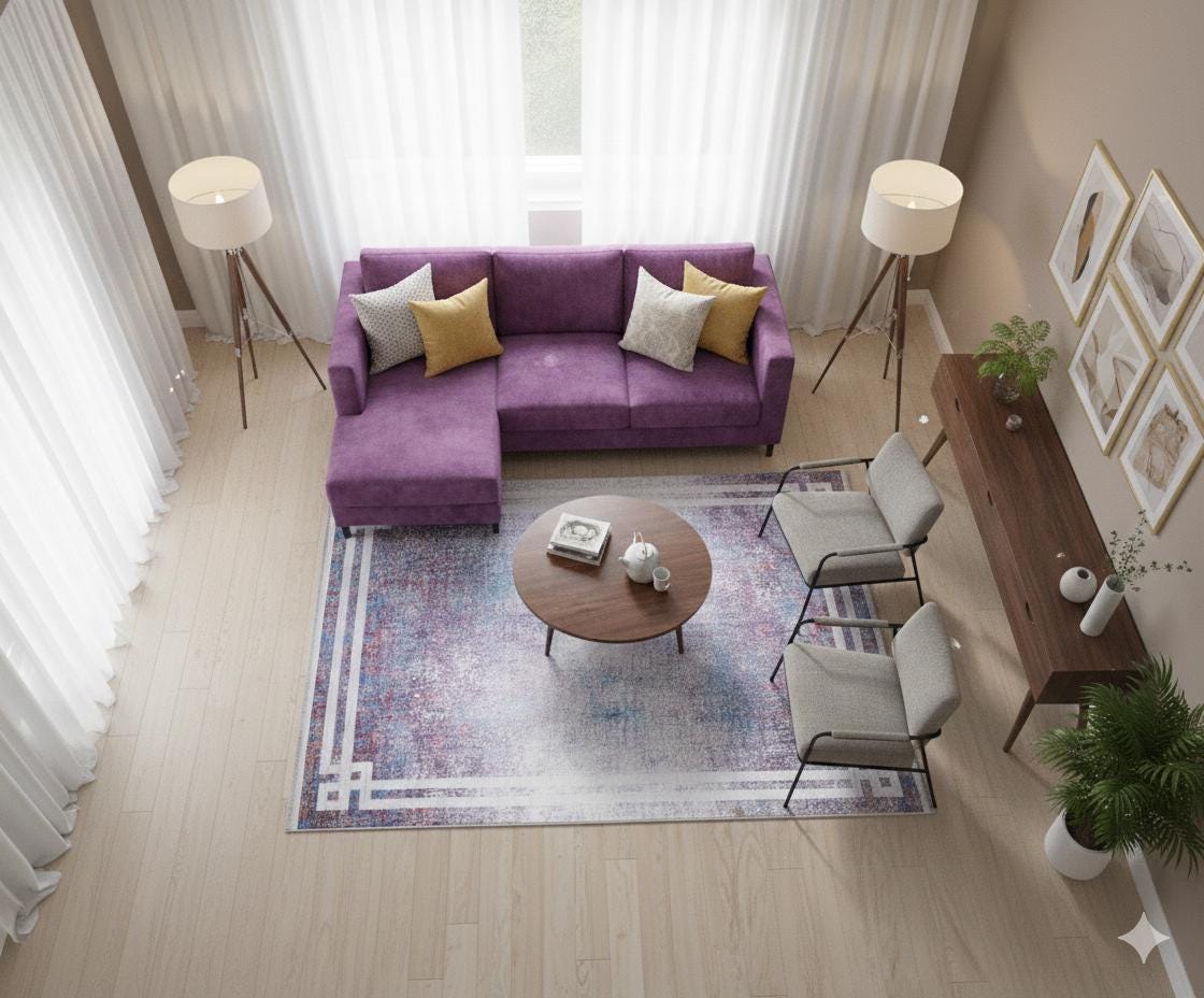 Modern Distressed Area Rug – Purple Blue Abstract Transitional Carpet, Pet Friendly