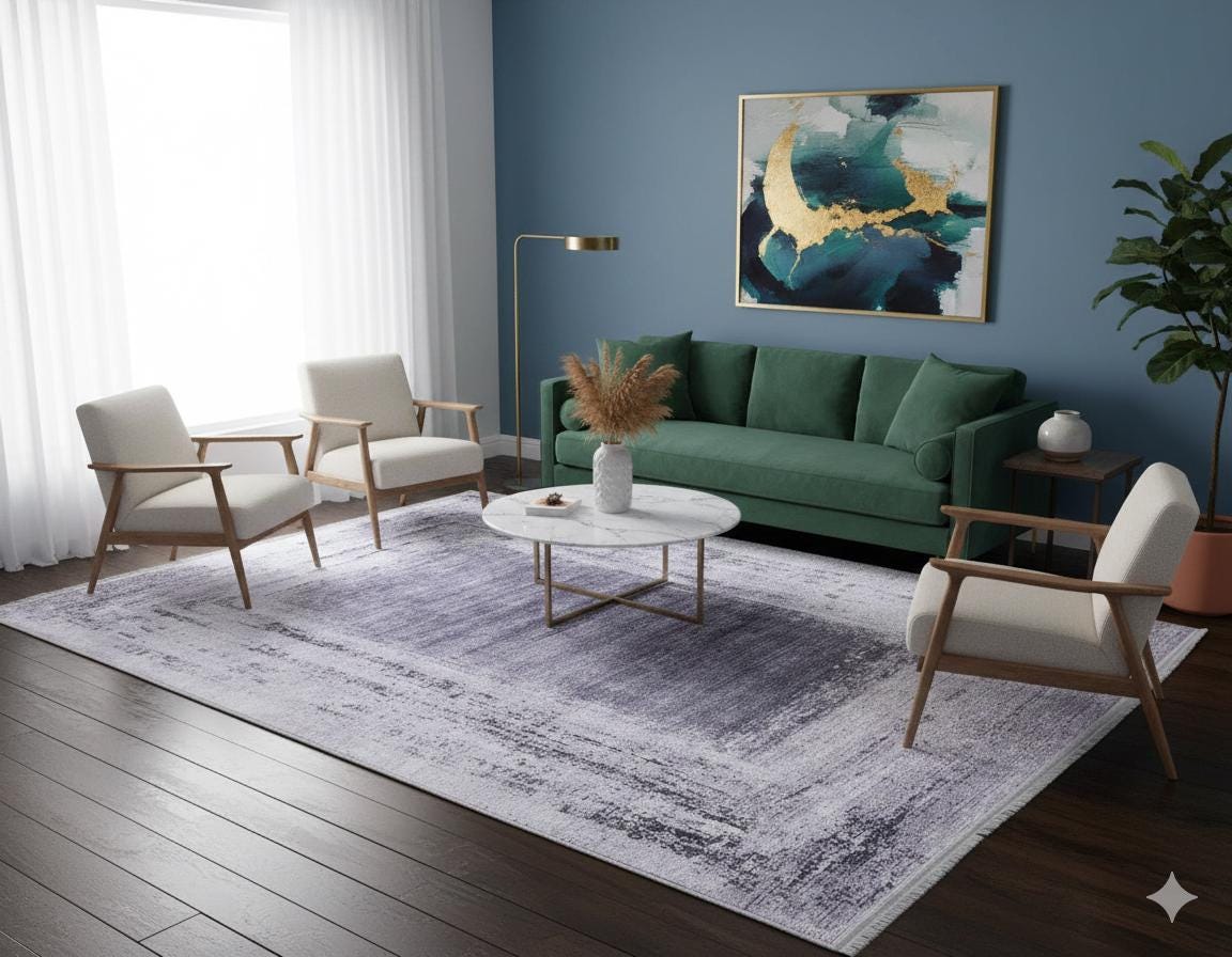 Distressed Gray Purple Abstract Area Rug, Washable Boho Carpet, Vintage Framed Design
