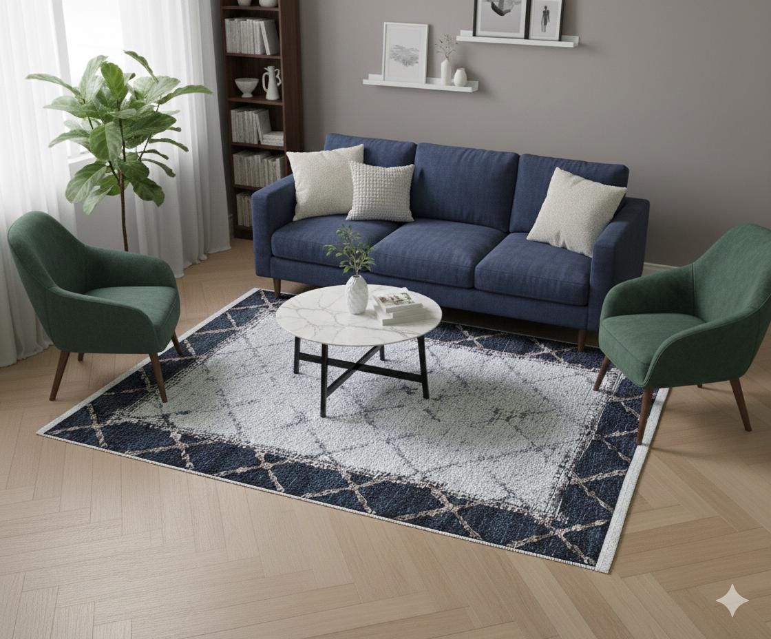 Distressed Teal Lattice Area Rug – Faded Geometric Carpet for Living Room