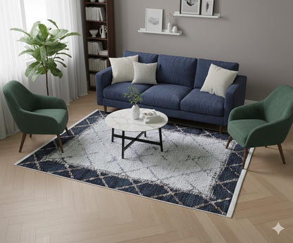 Distressed Teal Lattice Area Rug – Faded Geometric Carpet for Living Room