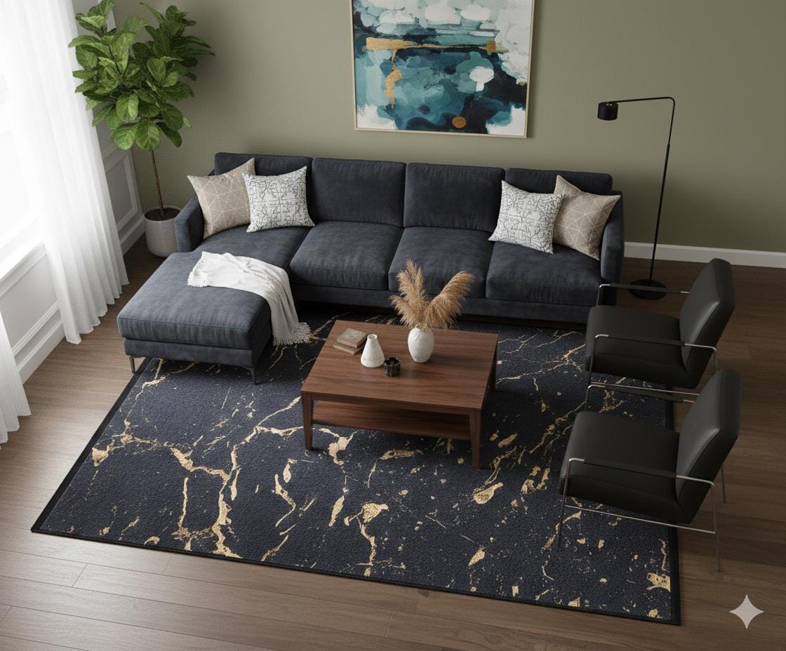 Washable Marble Area Rug – Charcoal Gold Veining, Modern Abstract Carpet
