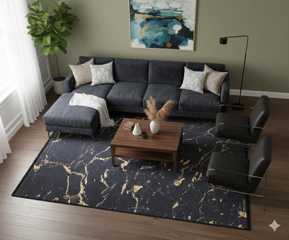 Washable Marble Area Rug – Charcoal Gold Veining, Modern Abstract Carpet