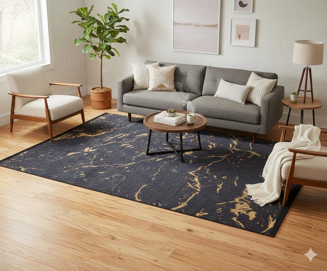 Washable Marble Area Rug – Charcoal Gold Veining, Modern Abstract Carpet