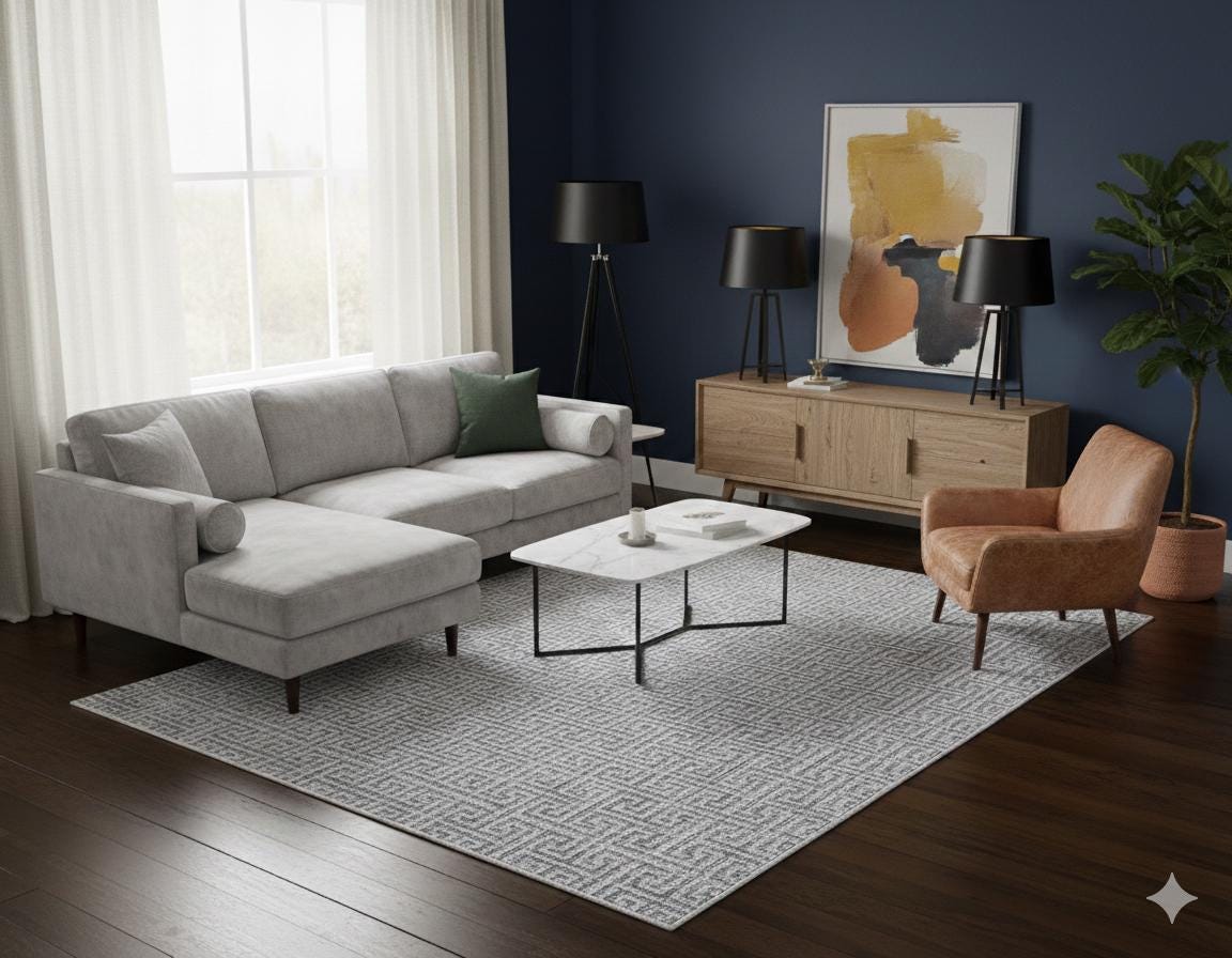 Modern Greek Key Area Rug – Gray Geometric Carpet, Minimalist Living Room Decor