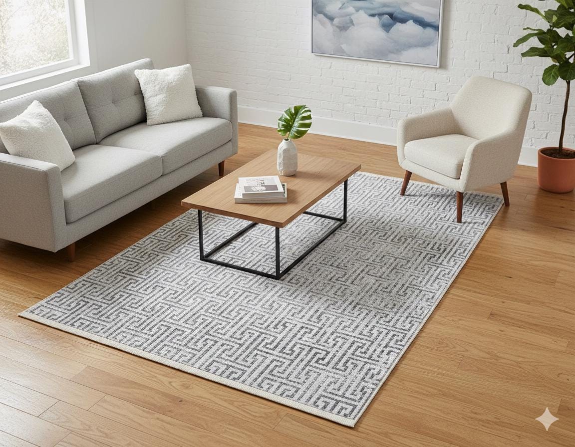 Modern Greek Key Area Rug – Gray Geometric Carpet, Minimalist Living Room Decor