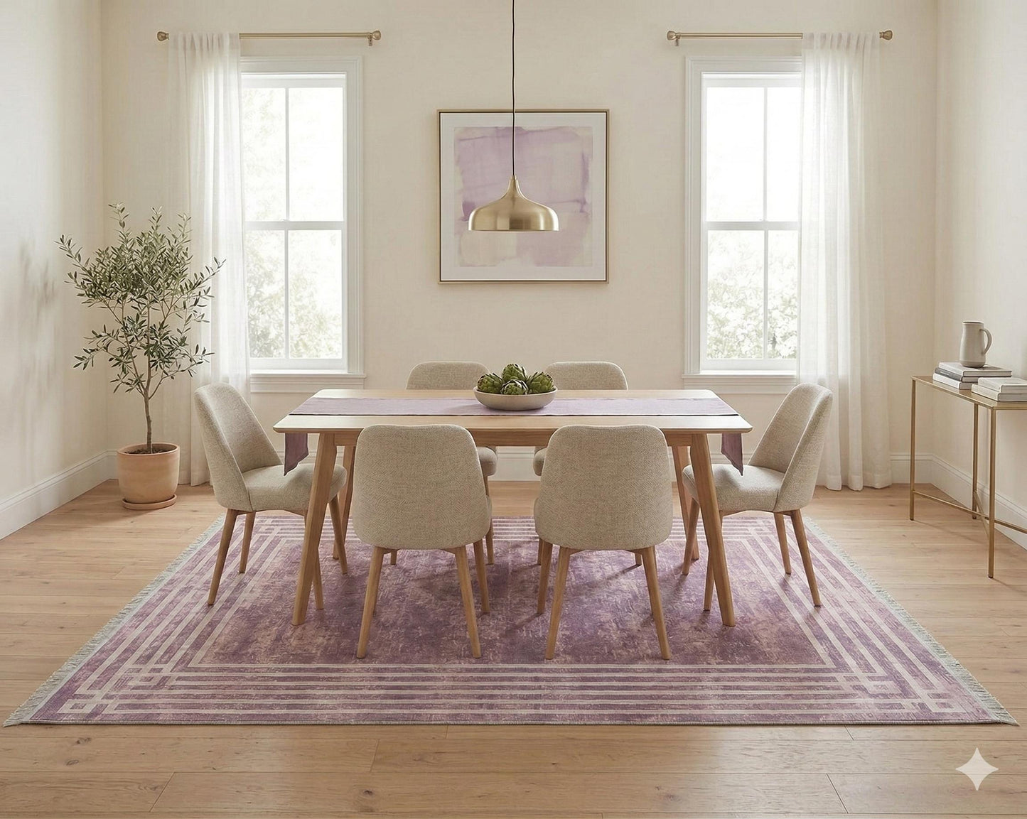 Pink Vintage Geometric Border Area Rug – Washable Pastel Living Room Carpet