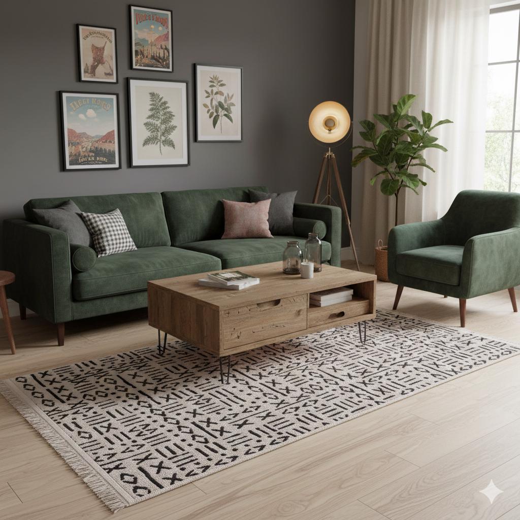 Mudcloth Tribal Area Rug, Black Ivory Fringe, Modern Scandinavian Carpet