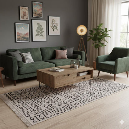 Mudcloth Tribal Area Rug, Black Ivory Fringe, Modern Scandinavian Carpet