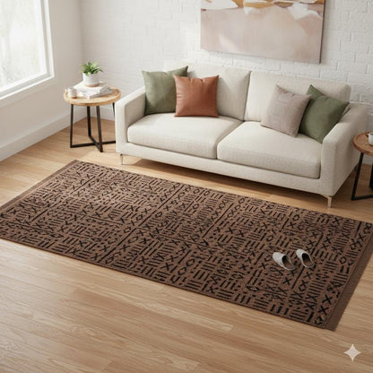 Modern Tribal Washable Cotton Rug – Brown & Black Geometric Boho Area Carpet with Fringe