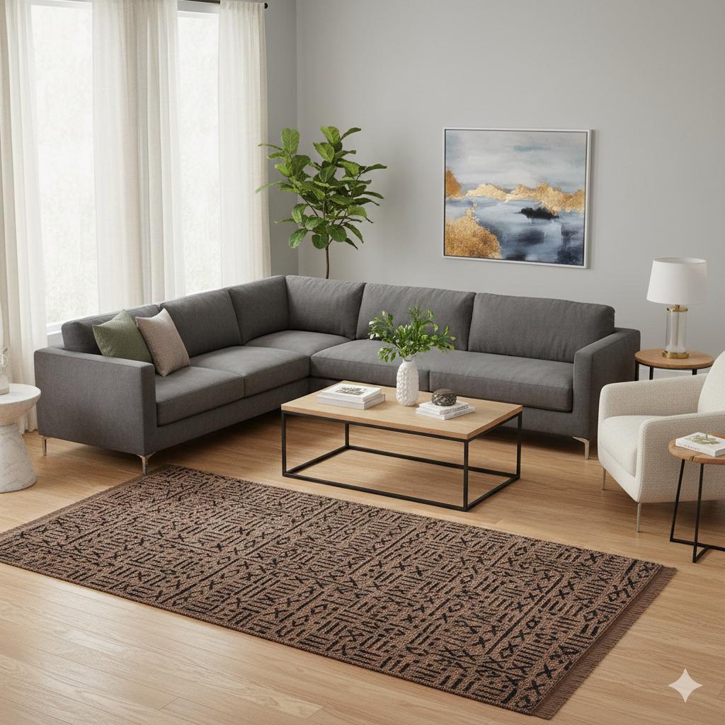 Modern Tribal Washable Cotton Rug – Brown & Black Geometric Boho Area Carpet with Fringe
