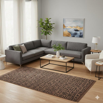 Modern Tribal Washable Cotton Rug – Brown & Black Geometric Boho Area Carpet with Fringe