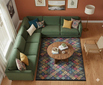 Washable Geometric Diamond Area Rug – Vibrant Boho Flatweave Carpet