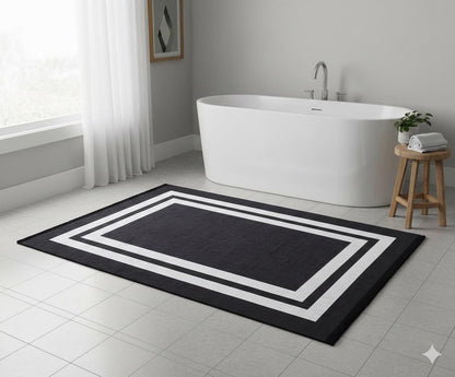 Modern Geometric Border Rug – Machine Washable Charcoal Black Area Rug