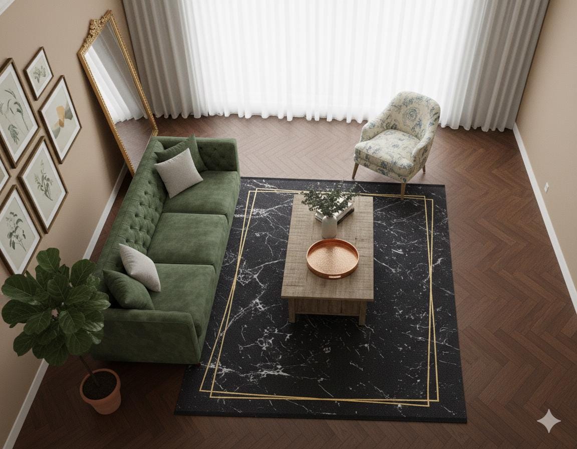 Modern Black Marble Area Rug – Gold Geometric Border, Washable Non-Slip Carpet